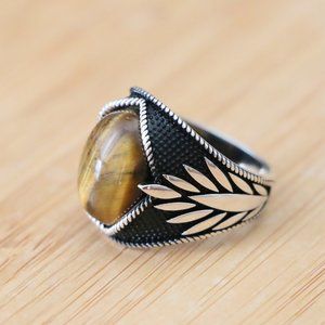 925 Sterling Silver Men's Rings Tiger Eye stone